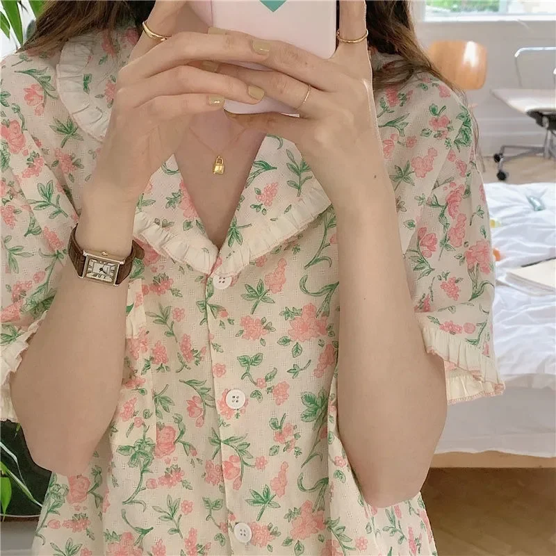 Pyjama-Sets Turn-Down-Kragen Kurzarm Frauen Sommer Blumen gedruckt dünne Kawaii trend ige süße Damen 2 stücke Pyjamas elegant