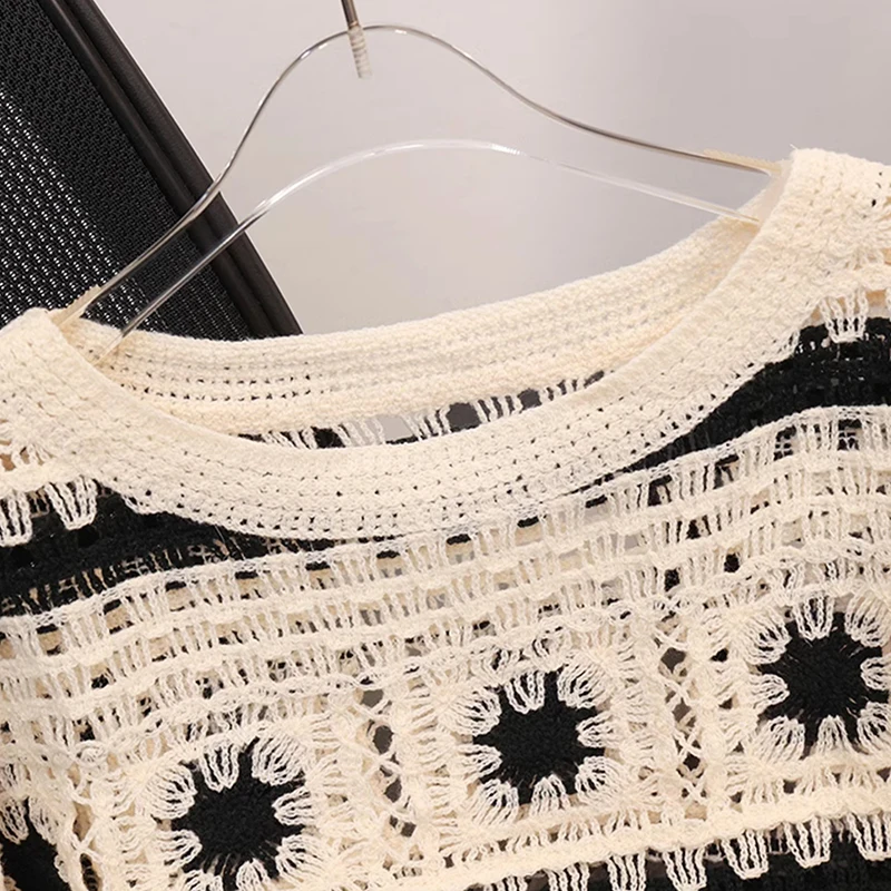 Oma vierkante gehaakte gebreide top voor dames Bell Sleeve opengewerkte gebreide trui Pullover tienermeisje Boho strandvakantie-outfit