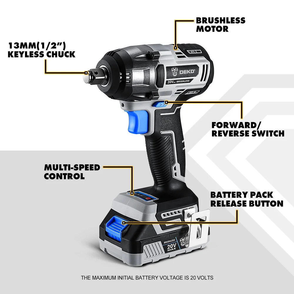 【World Premiere】DEKO 20V MAX Cordless Brushless Wrench 350N.m High Torque Electric Impact Wrench Power Tools (DKBW20XL01)