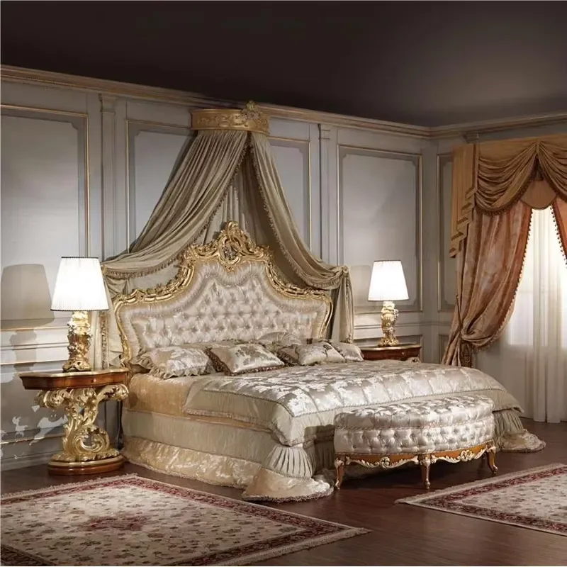 Classic European Black Bedroom Furniture Gold Leaf Solid Wood Structure 100% Hand Carving Storage Tufted Soft Bed