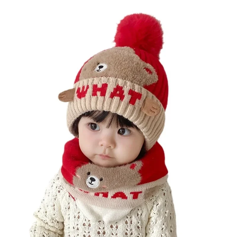 Baby Hat Winter New Cute Dinosaur Knitted Beanies Cap+Scarf 2pcs Infant Toddler Warm Thicken Hooded Hats Cartoon Children Sets