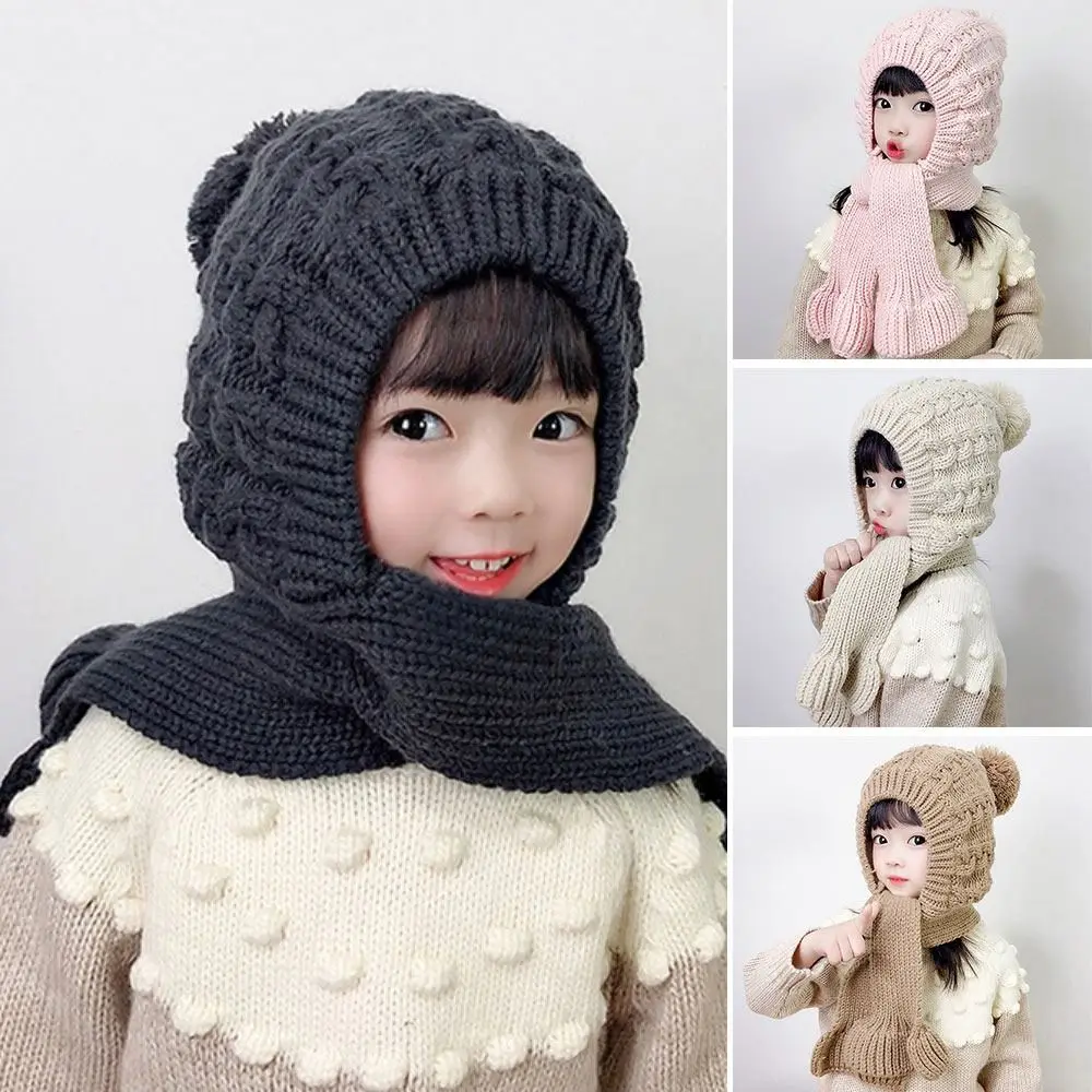 Winter Thick Scarf Hoodie Cap Ear Protection Warm Plush Baby Knitted Hat Windproof Bonnet Kids Scarf Hats Boys Girls