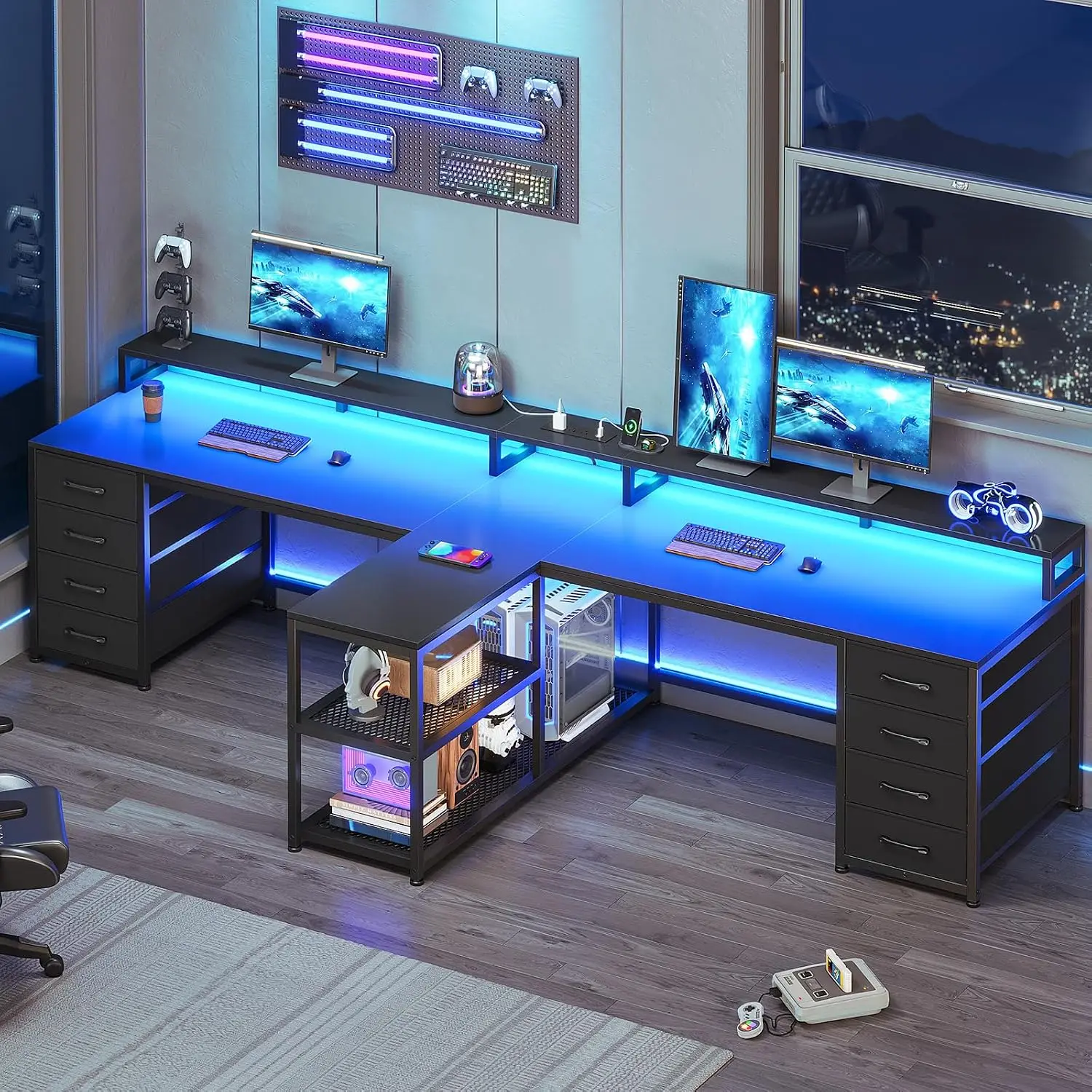 2 Person Gaming Desk with 8 Drawers & Storage, Double T Shaped Desk with LED Lights, Power Strip & Monitor Stand for Home Office
