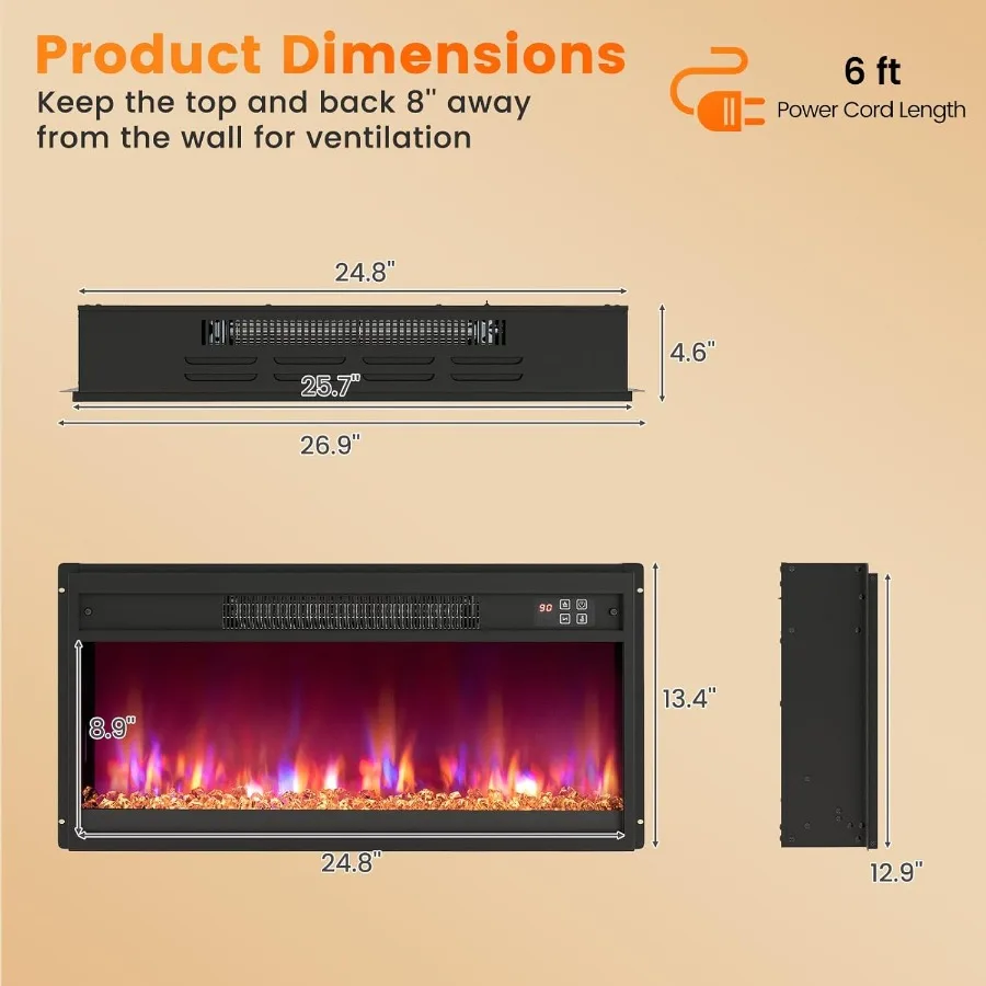 26 Electric Fireplace Insert for Living Room or Bedroom Recessed Design with 1500W Heating Power Remote Control Operation 0.59