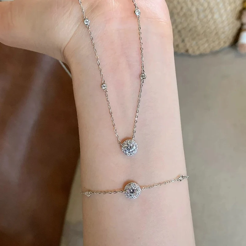 Hot Selling High-quality Zircon Necklace with Luxurious 2-carat Round Bag Bracelet Fashion 925 Silver Jewelry Set for Women