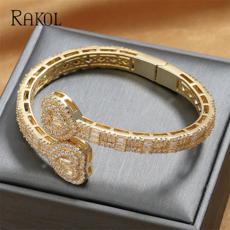 RAKOL 2024 New Luxury Heart Cubic Zircon Bangles For Women Punk Trend Loves Bangle Wedding Party Jewelry