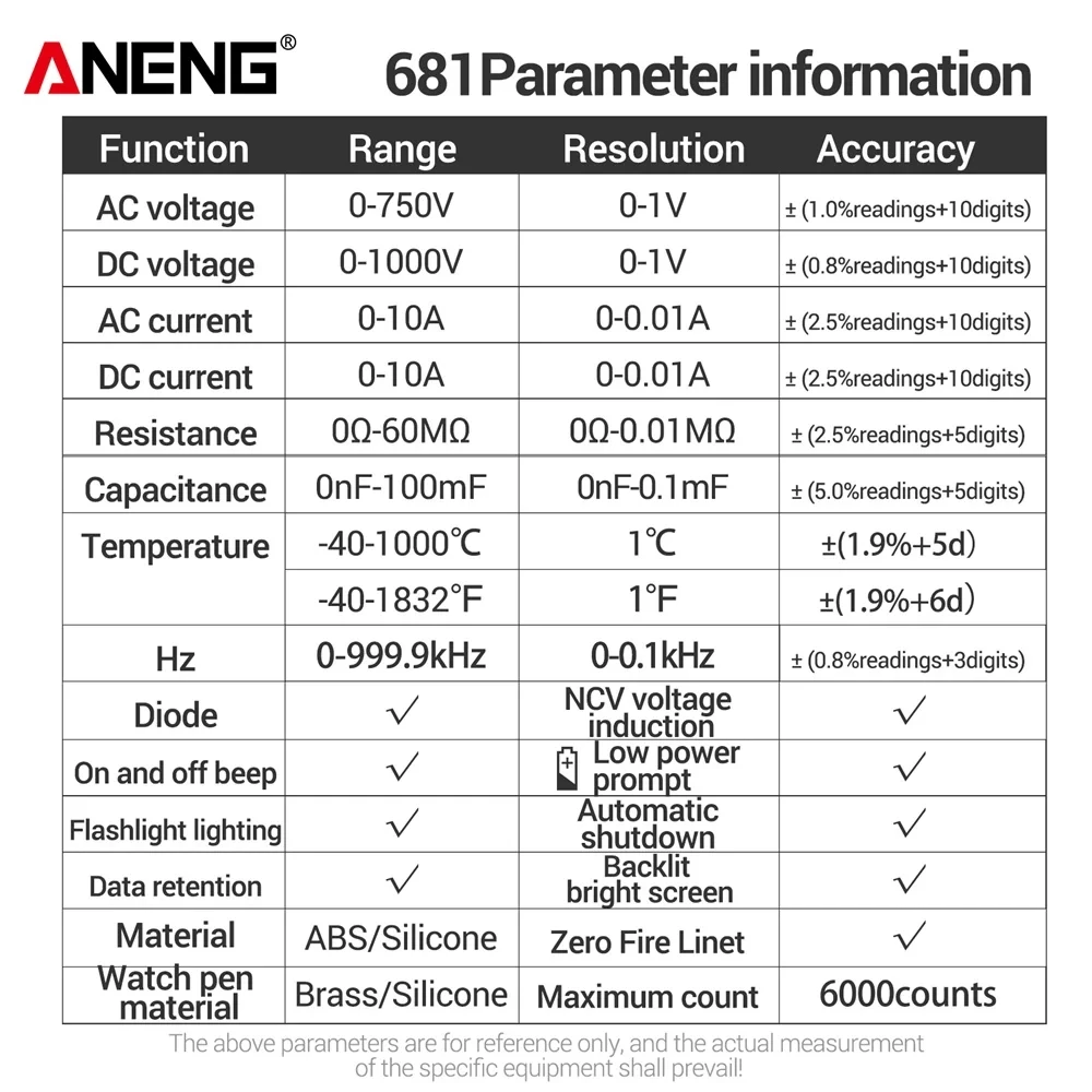 Aneng-recarregável Digital Multímetro Inteligente, Tensão sem contato, AC, DC Medidor de Tensão, Tela LCD, Tester atual, 681 Pro, 6000 Contagem