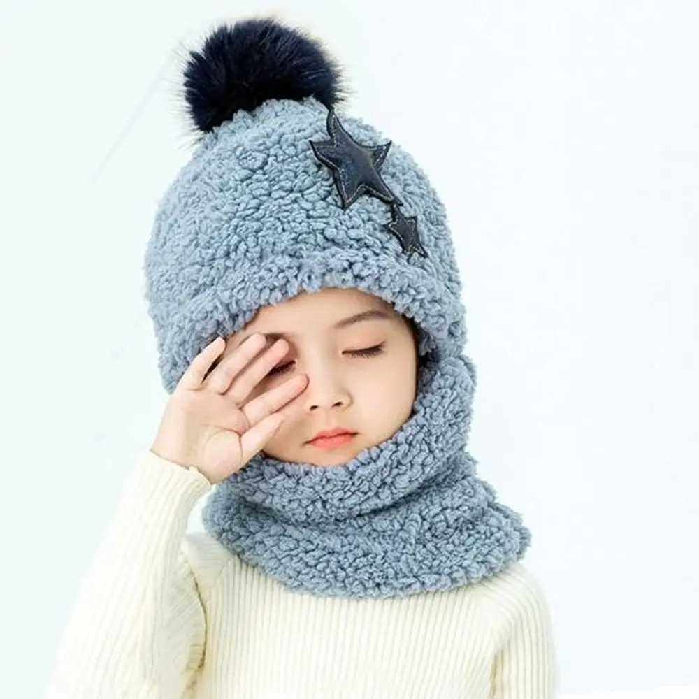 Winter Cute Star Coral Velvet Cap Polar Fleece Plush Kids Caps Balaclava Baby Scarf Hat Boys Girls