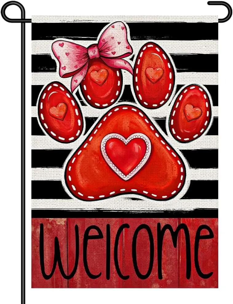 Valentine’s Day Welcome Garden Flag 12x18 Inch Double Sided Small Flags, Cute Red Paw Print Dog Lover Yard Sign with Heart a uui