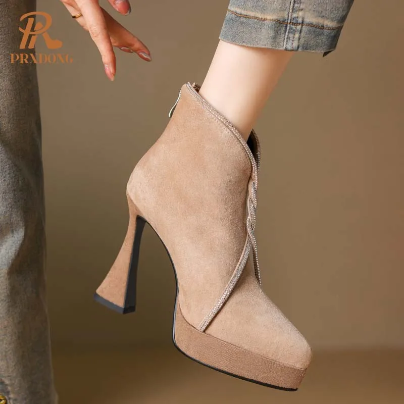 PRXDONG New Classics Genuine Leather Autumn Winter Warm Ankle Boots High Heels Platform Black Apricot Dress Party Lady Shoes 39 image 4