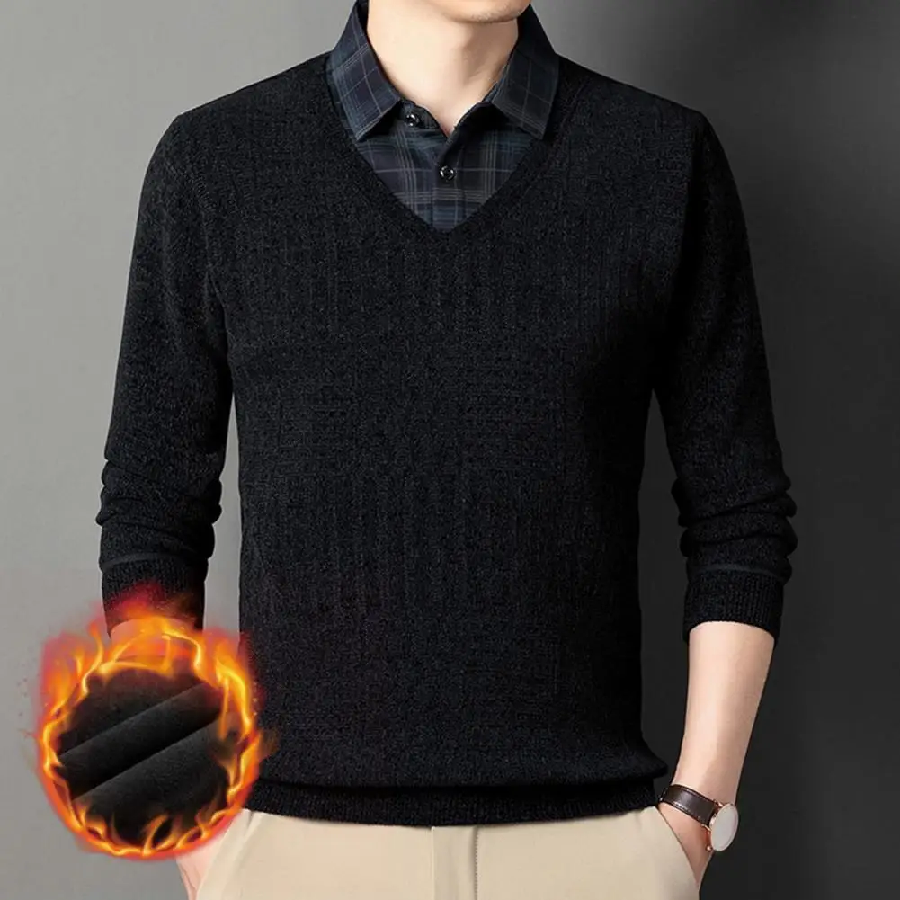 2024 New Fall Winter Men Sweater Fake Two-piece Men's Cashmere Sweater Vest V-neck Sweater Men's Knitted Plush Vest Pullover