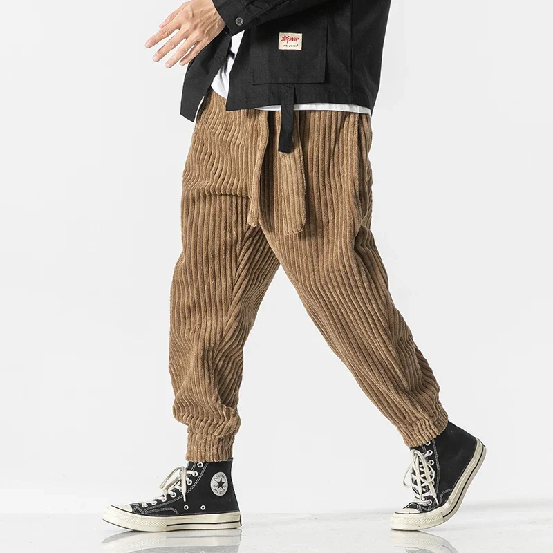Winter Men Pants Japanese Styles Waistband Corduroy Thick Warm Casual Pants Men Fashion Loose Jogging Sweatpants New Street Male