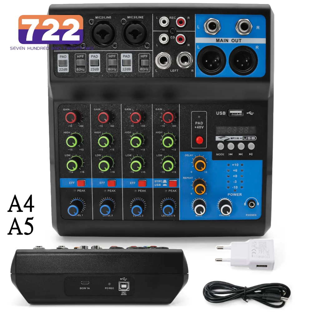 HD A4 A5 Sound Card Mixing Console Mixer Professional Audio 4 5 Channel Sound Mixer For Live Streaming DJ Audio Equipment