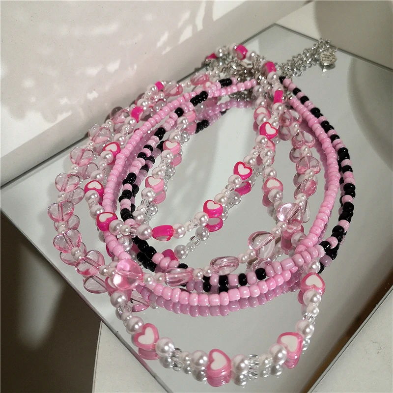 Harajuku Cute Goth Pink Heart Pearl Beaded Collares Aesthetic Necklace For Female Egirl Party Y2K EMO Jewelry Accessory Gift