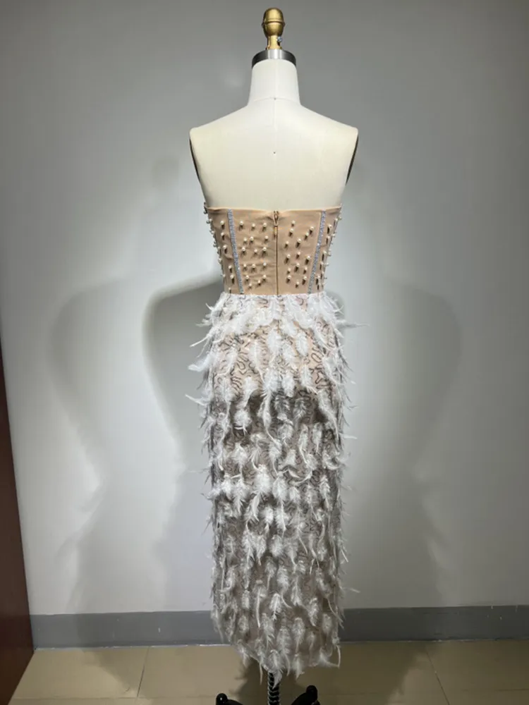 New Women Summer Sexy Strapless Backless Sequins Feather Pearl Beading Ankle Length Dress 2023 Elegant Evening Party Dress