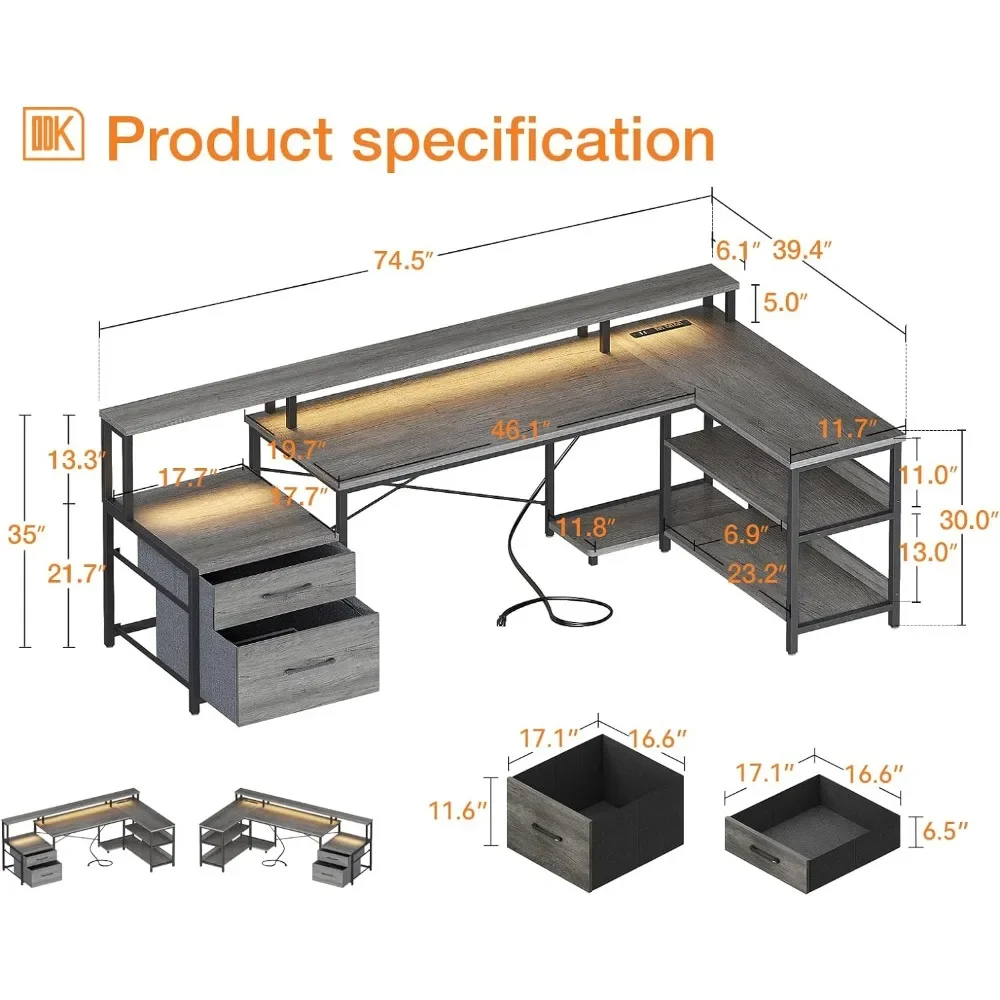 L-shaped desk with drawers, with power socket and LED light bar, desk with storage shelf, gaming table with monitor stand