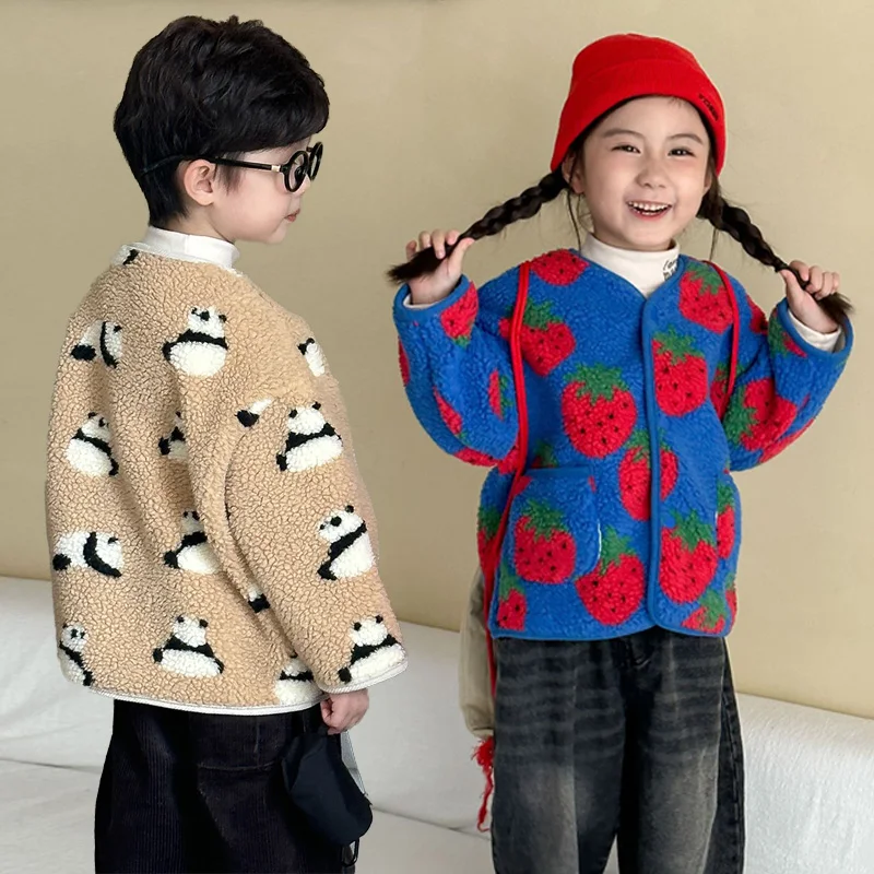 

1-10Y Boys Girls Jackets Autumn Winter Thicken Children Coats Kids Fleece Cartoon Warm Outerwear Toddler Lamb Wool Clothing