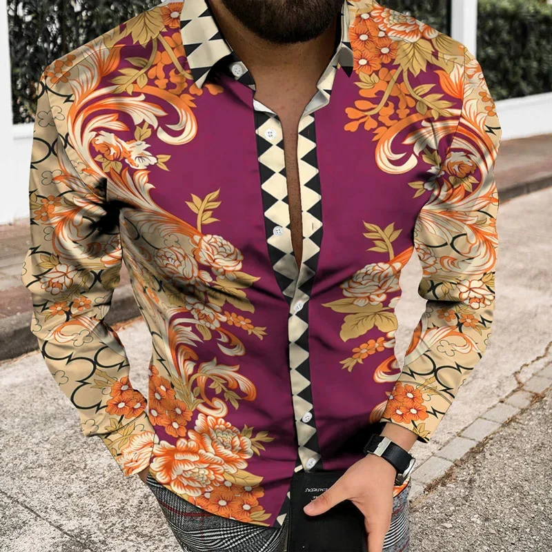 

Fashion Business Men's 3D Printing Spring and Autumn Retro Fashion Men's Shirt Long Sleeve Shirt Casual Street Men's Wear