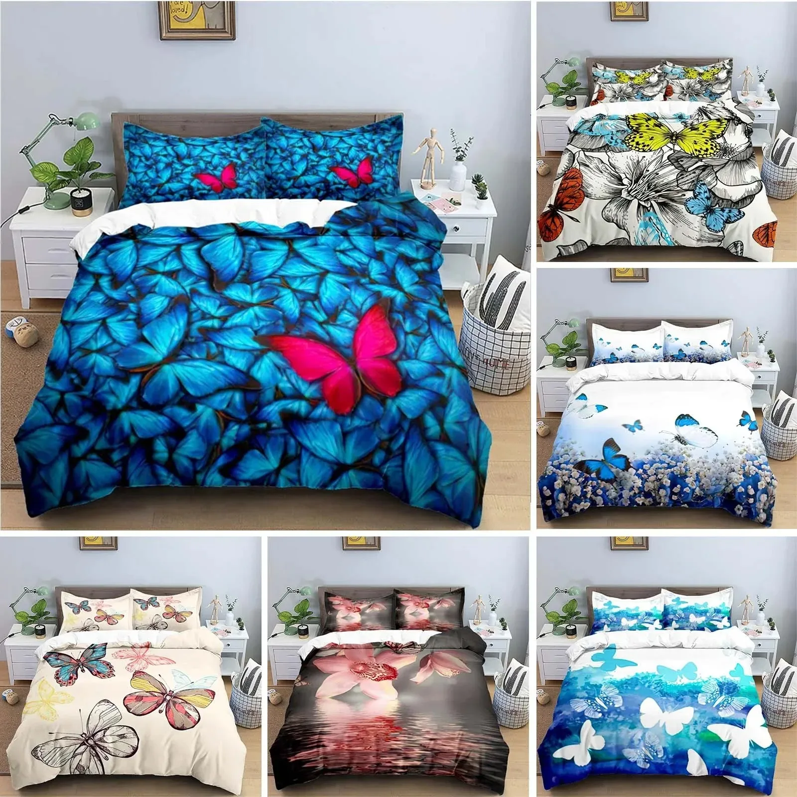 

Soft Butterfly Floral Duvet Cover Queen Size For Adults Kids Girls Teens Bedroom Decor Flowers 3D Print Bedding Set Pillowcases