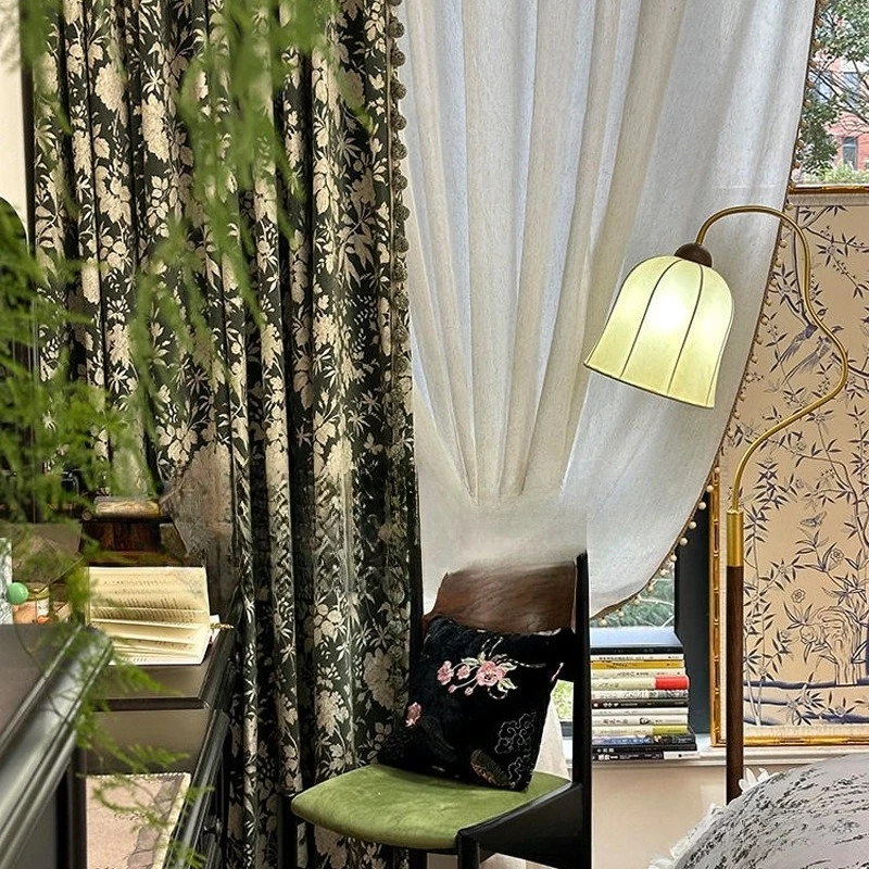 

American Antique Style Curtains, French Retro Green Chenille Bay Windows, High Shading Curtain for Living Room and Bedroom