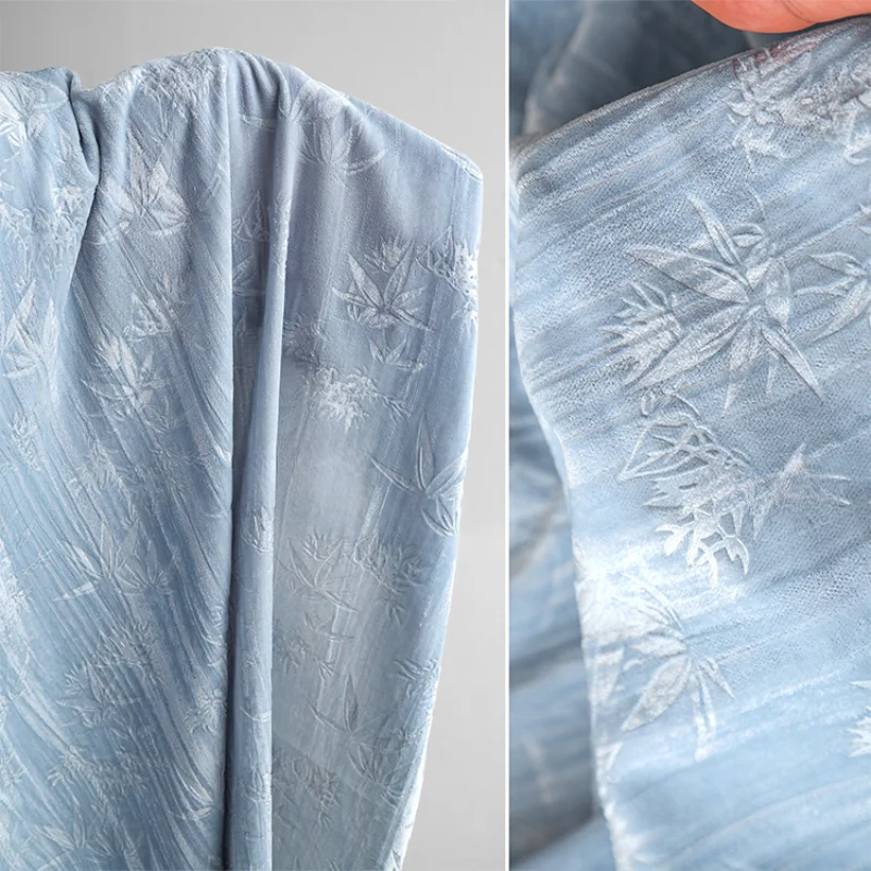 

Blue bamboo forest, velvet embossed polyester jacquard cloth, pleated relief Chinese style cheongsam clothing designer fabric
