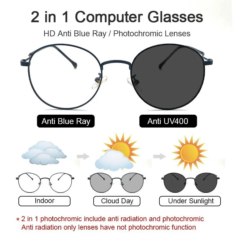Photochrome Anti-Blaulicht-Brille, modische runde Brillenfassung, UV-Schutz, Outdoor-Strandsonnenbrille für Damen und Herren