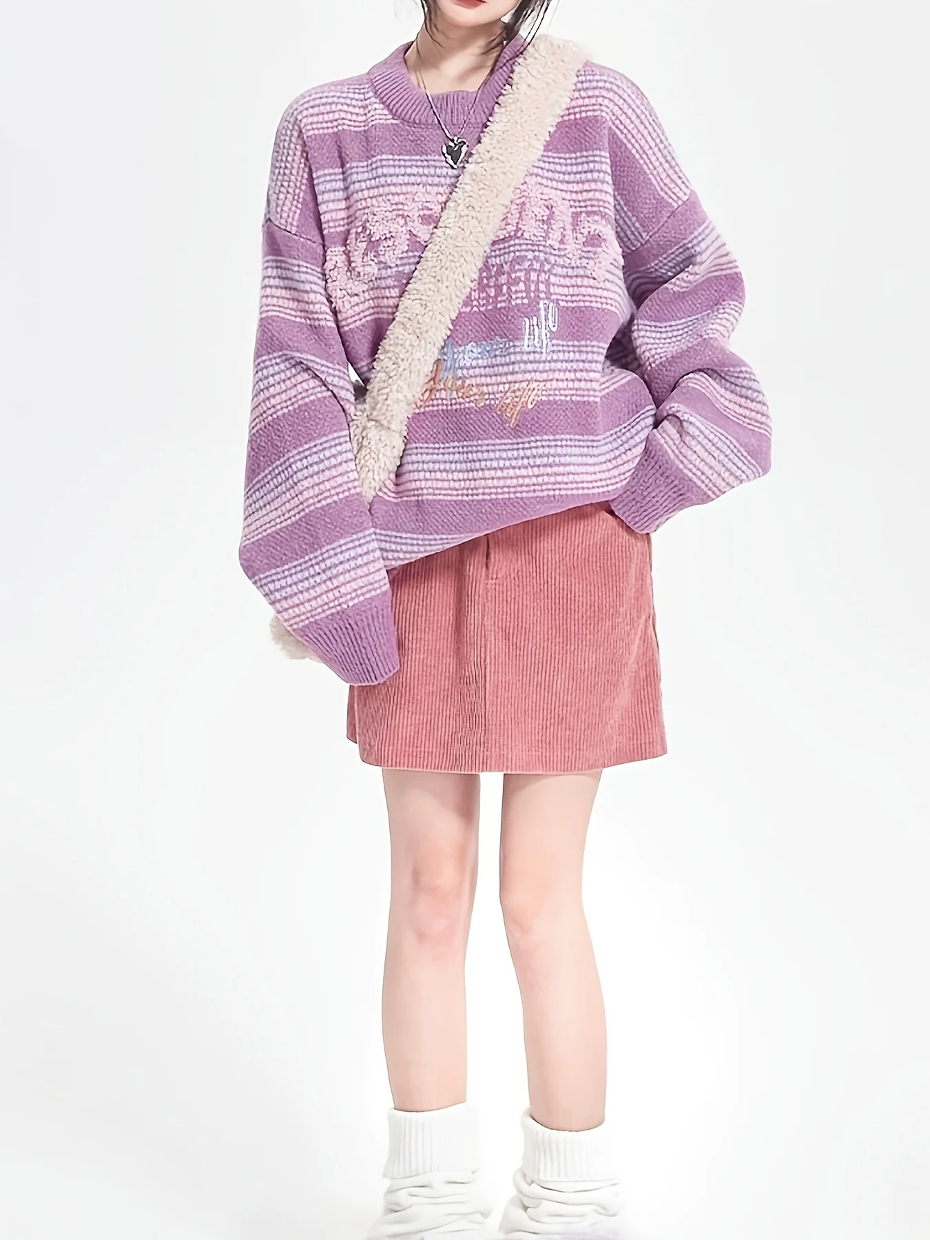 Women\'s Kawaii Preppy Style Contrast Letter Embroidered Striped Knit Pullover Sweaters Winter Outwear