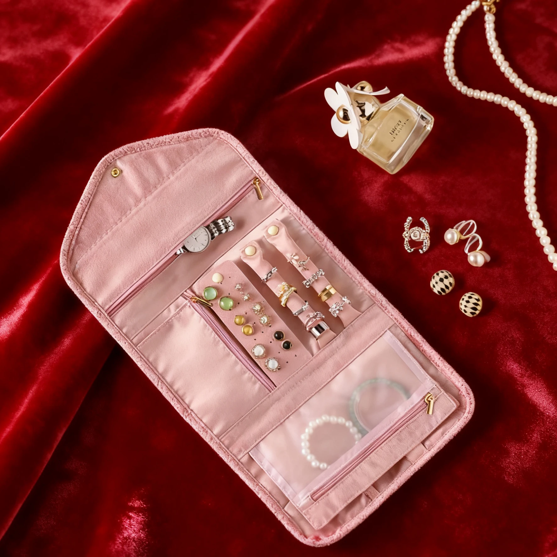 

Customizable Logo Lightweight Jewelry Organizer Compartmentalized Pouch Women Travel Essential Gift for Her Christmas Corporate