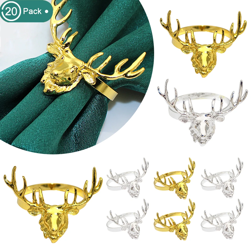 

20Pcs Gold Christmas Napkin Rings Xmas Deer Head Napkin Holder for Christmas Party Supplies Winter Holiday Dinner Table Decor