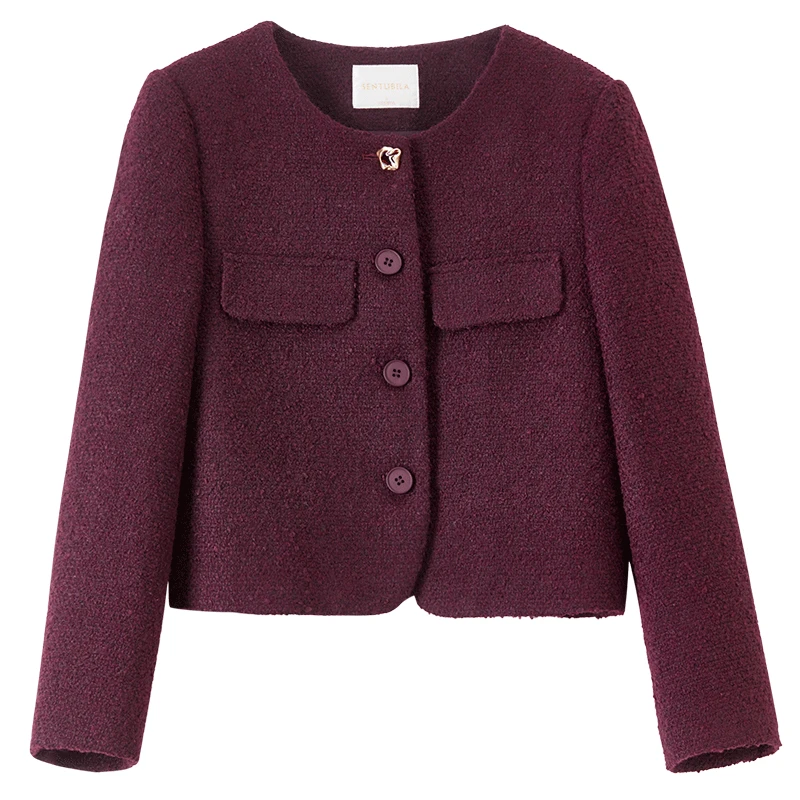 SENTUBILA Women's Elegant Commuter Short Coat Autumn 2025 New Wool Blend O-Neck Metal Buckle Long Sleeve Office Top 153WA2086