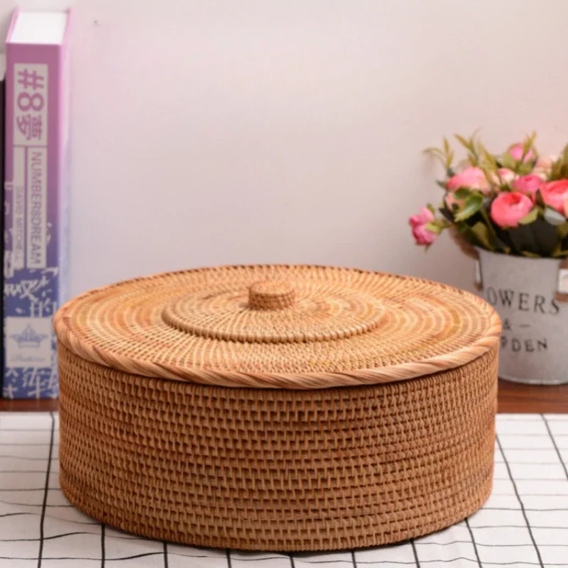 Boîte ronde tissée à la main avec couvercle, rotin, multi-usages, pique-nique, nourriture, jxFruit, table, panier de rangement, maison, bureau, décor