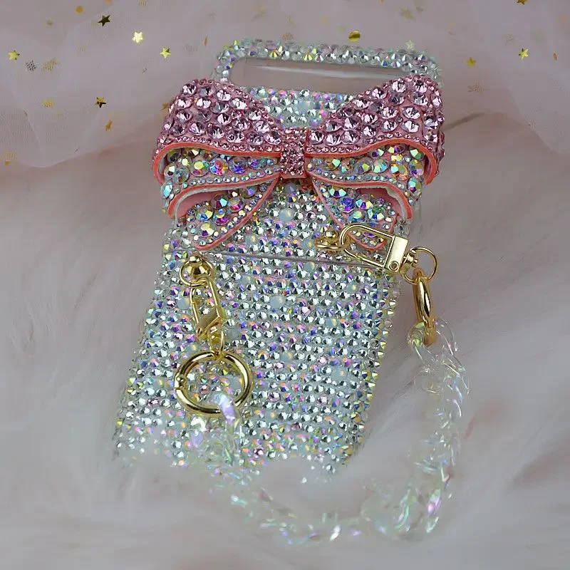 Luxury Diamond Pink Bow Phone Case with Hanging Chain for Samsung Galaxy Z Flip Z Flip4 ZFold 3 ZFold 2 Z Flip4 Folding Case