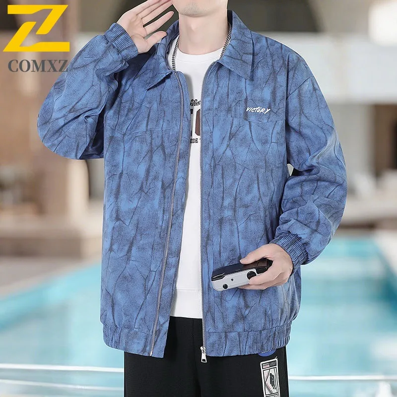

COMXZ Мужская куртка с отложным воротником Корейская модная удобная легкая ветровка с принтом Ветрозащитная осенняя мотоциклетная куртка