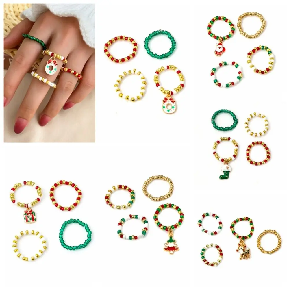 4pcs/Set Christmas Tree Christmas Rice Bead Ring Set Creative Wreath Dripping Oil Xmas Elastic Ring Elk Alloy Women