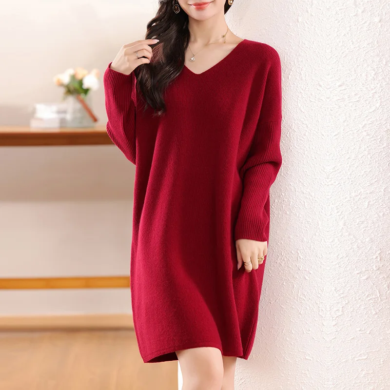 

Female Clothing 2024Autumn/Winter 100% Wool Knitting Long Sleeve Mid Long Dress On Offer Clearance Free Shipping Women's Sweater