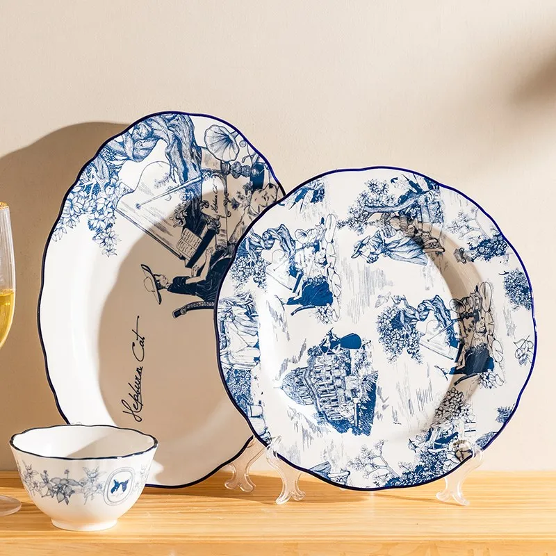 

Japanese Cartoon Dinner Plates Ceramic Dish Vintage Pattern Cat Ceramic Tableware Porcelain Plates and Bowls Kitchen Cookware