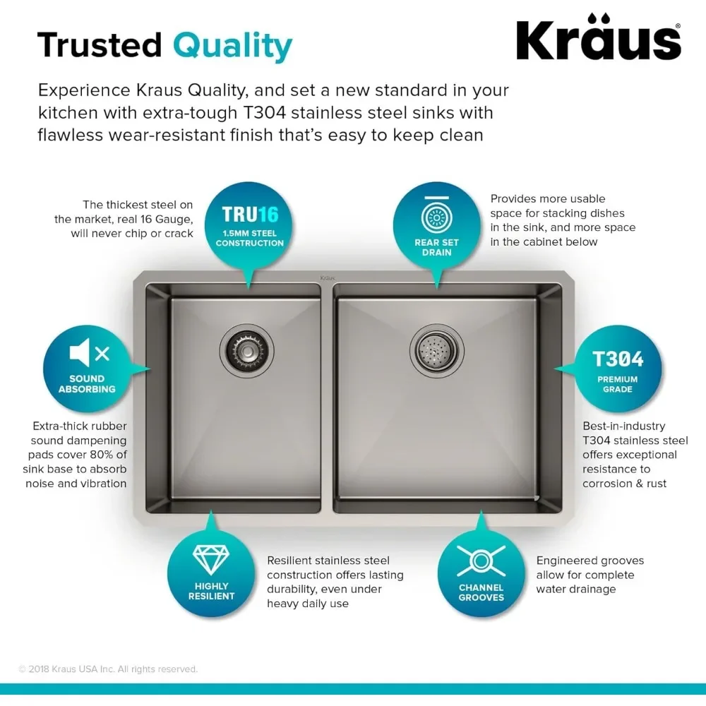 Standart PRO 33 بوصة 16 مقياس Undermount 60/40 وعاء مزدوج من الفولاذ المقاوم للصدأ، KHU104-33