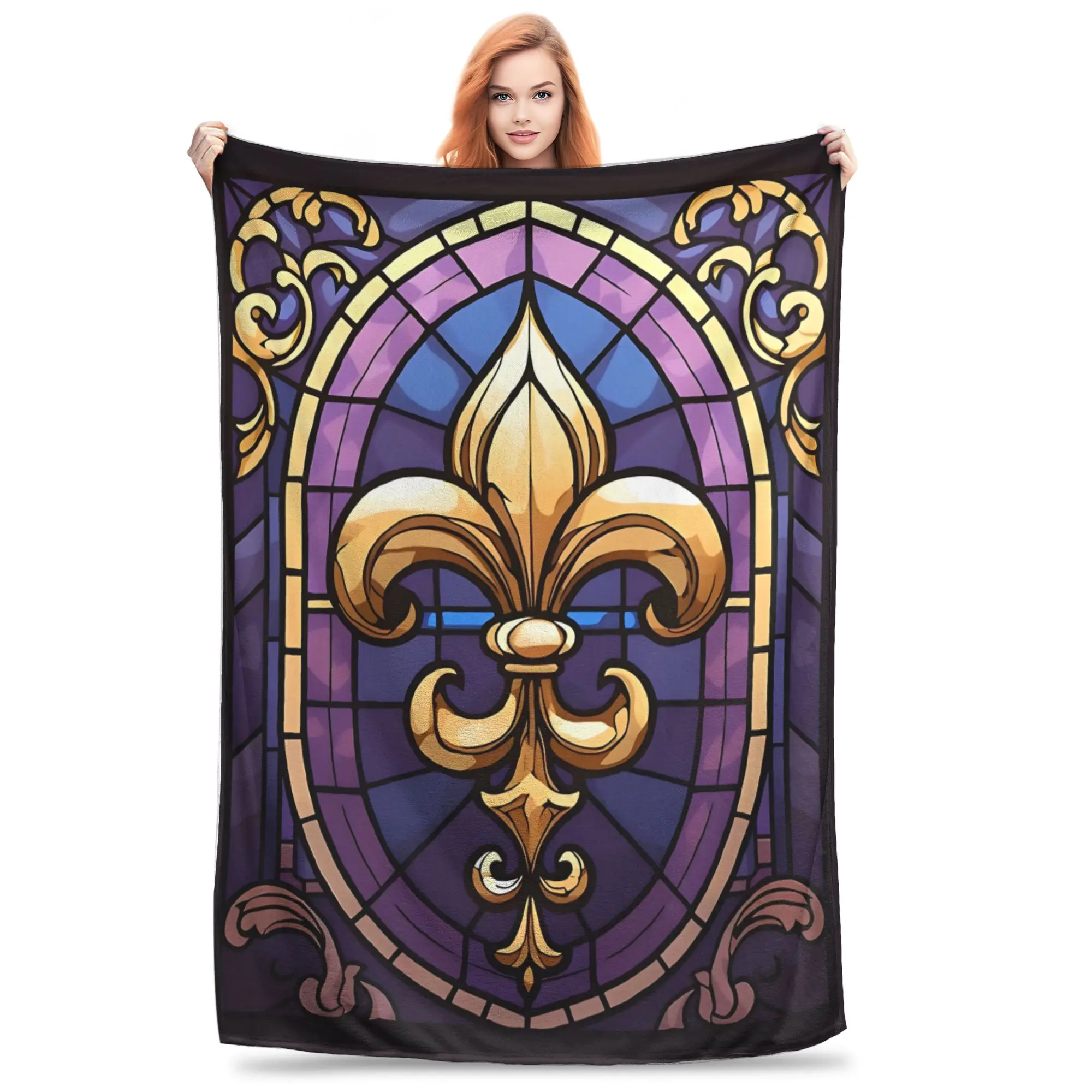 1PC Fleur De Lis Stained Glass Blanket Throw Blanket  Novelty Warm Blanket All Season Gift