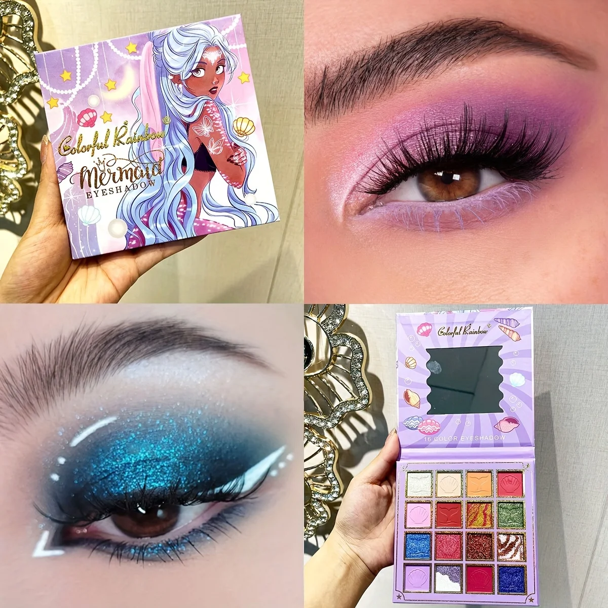 16-Farben-Perlen-Lidschatten-Palette, Regenbogen-Muschelprägung, hochpigmentiert und lichtecht, hochwertige Lidschatten-Palette