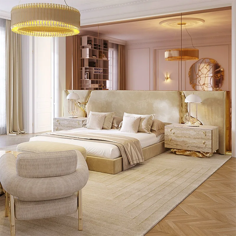 Light Luxury High-End Five-Star Hotel Villa King/Queen Size Bed Manufacture Adjustable Matte Leather Upholstered Bedroom Wooden
