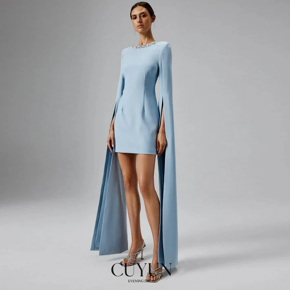 CUYUN 2025 جديد الأزرق كيب الأكمام فساتين صغيرة النساء فستان حفلات سكوب طوق الديكور الفاخرة النساء فستان الحفلات للمناسبات الرسمية