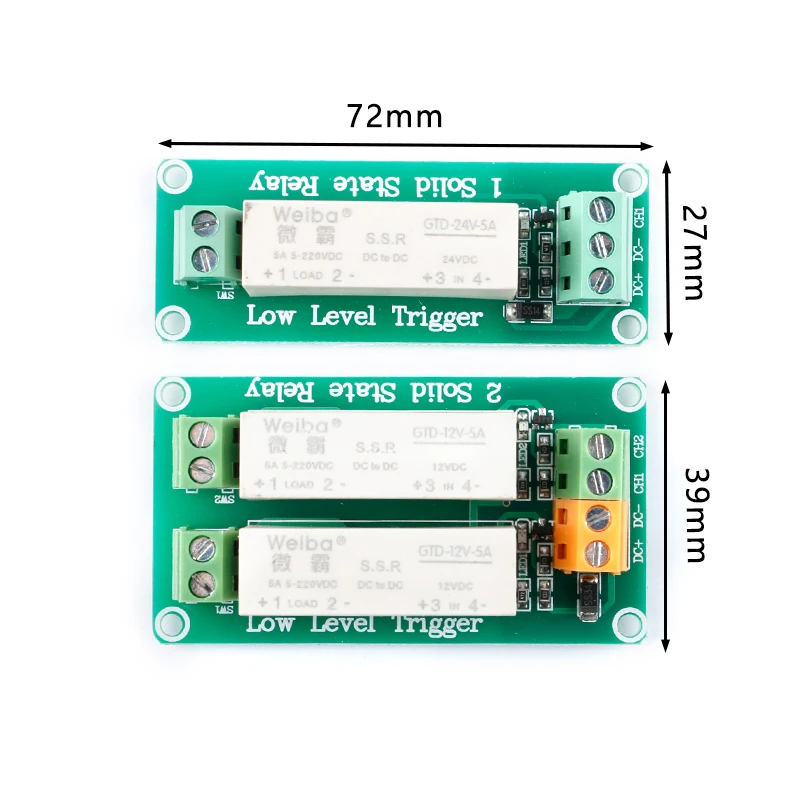 1. 2-channel 5V/12V/24V low-level triggered solid-state relay module DC controlled DC single-phase converter