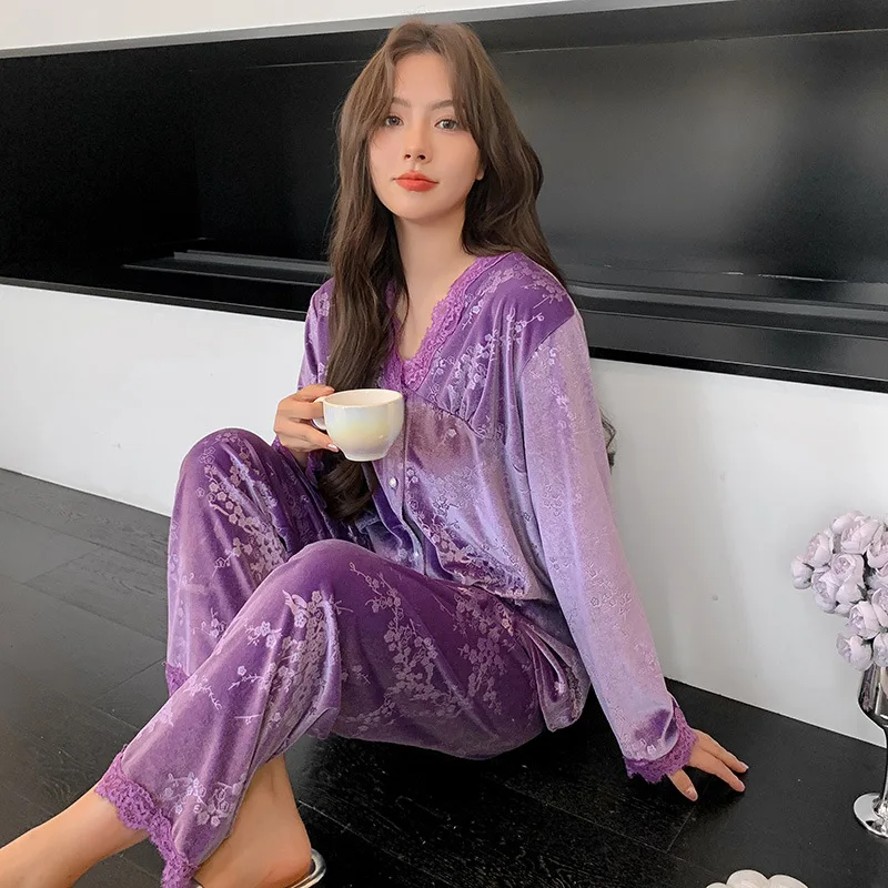 

Осенне-зимний золотой бархатный пижамный комплект, женский комплект, сексуальная осенне-зимняя женская домашняя одежда с длинными рукавами, комплект из двух предметов