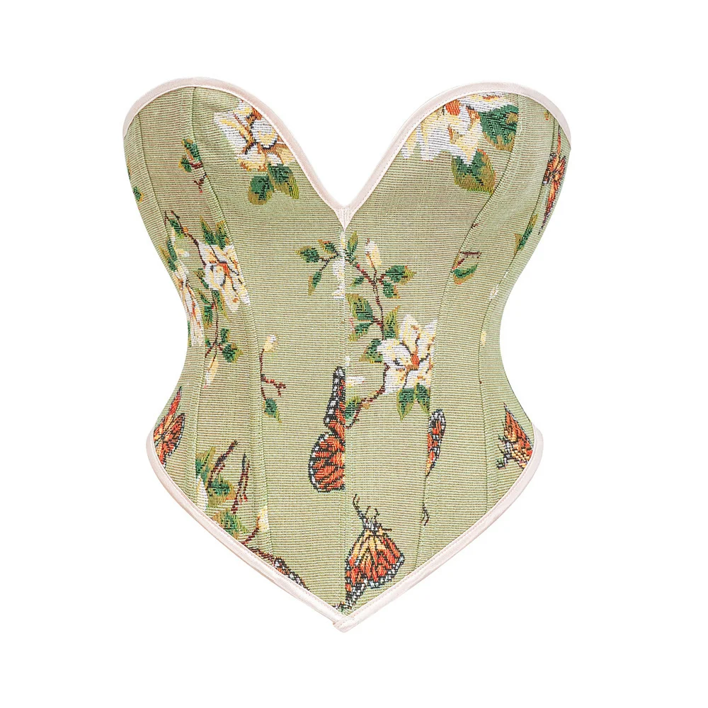 

Green Butterfly Print Overbust Corset Sexy Strapless Bustiers Crop Tops Side Zipper Back Lace-up Slimming Lingerie Corselet