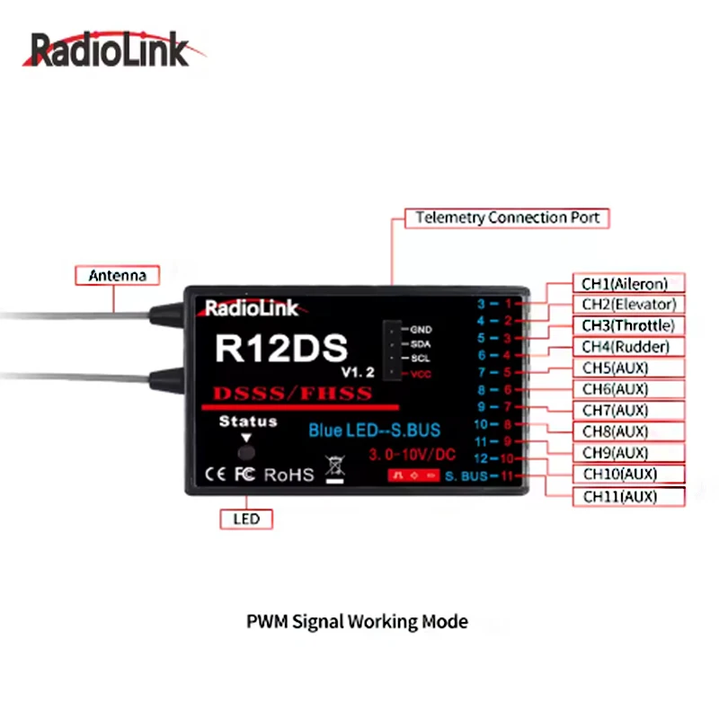 جهاز استقبال RadioLink R12DS 2.4 جيجا هرتز 12CH DSSS & FHSS لجهاز الإرسال RadioLink AT9 AT9S AT10 AT10II يدعم SBUS PWM