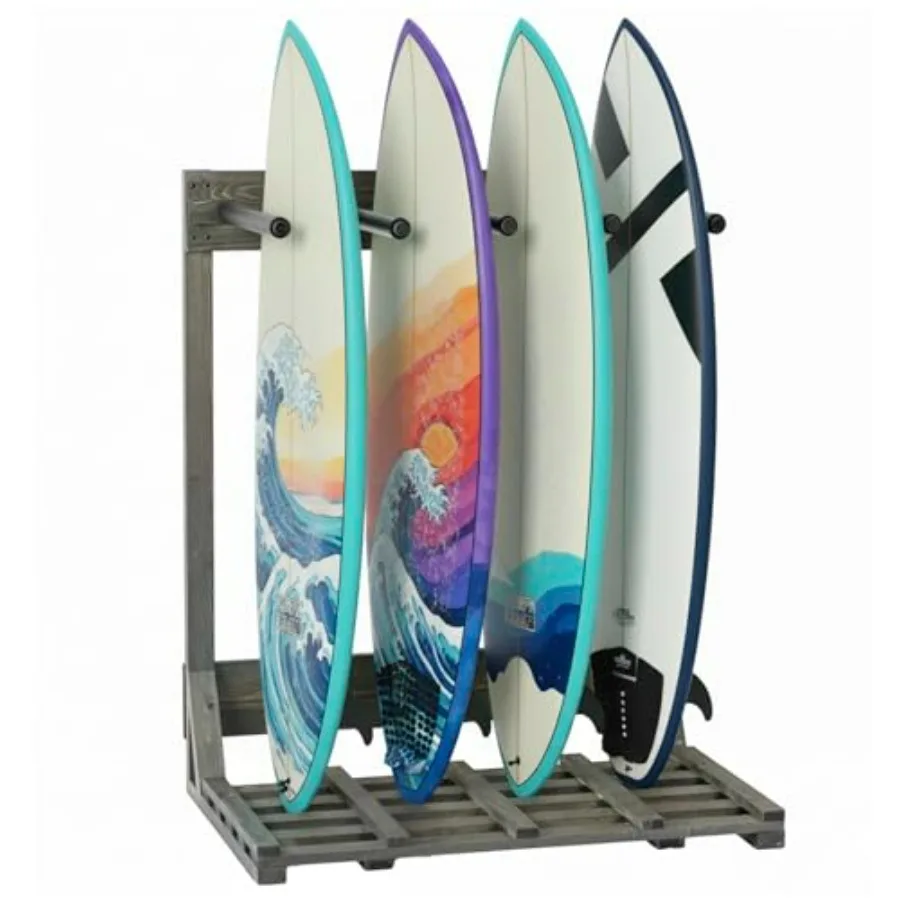 

4-Ft Tall Rustic Burnt Wood Freestanding Vertical Surfboard Rack for Garage or Beach House Natural Charred Finish, Holds up to