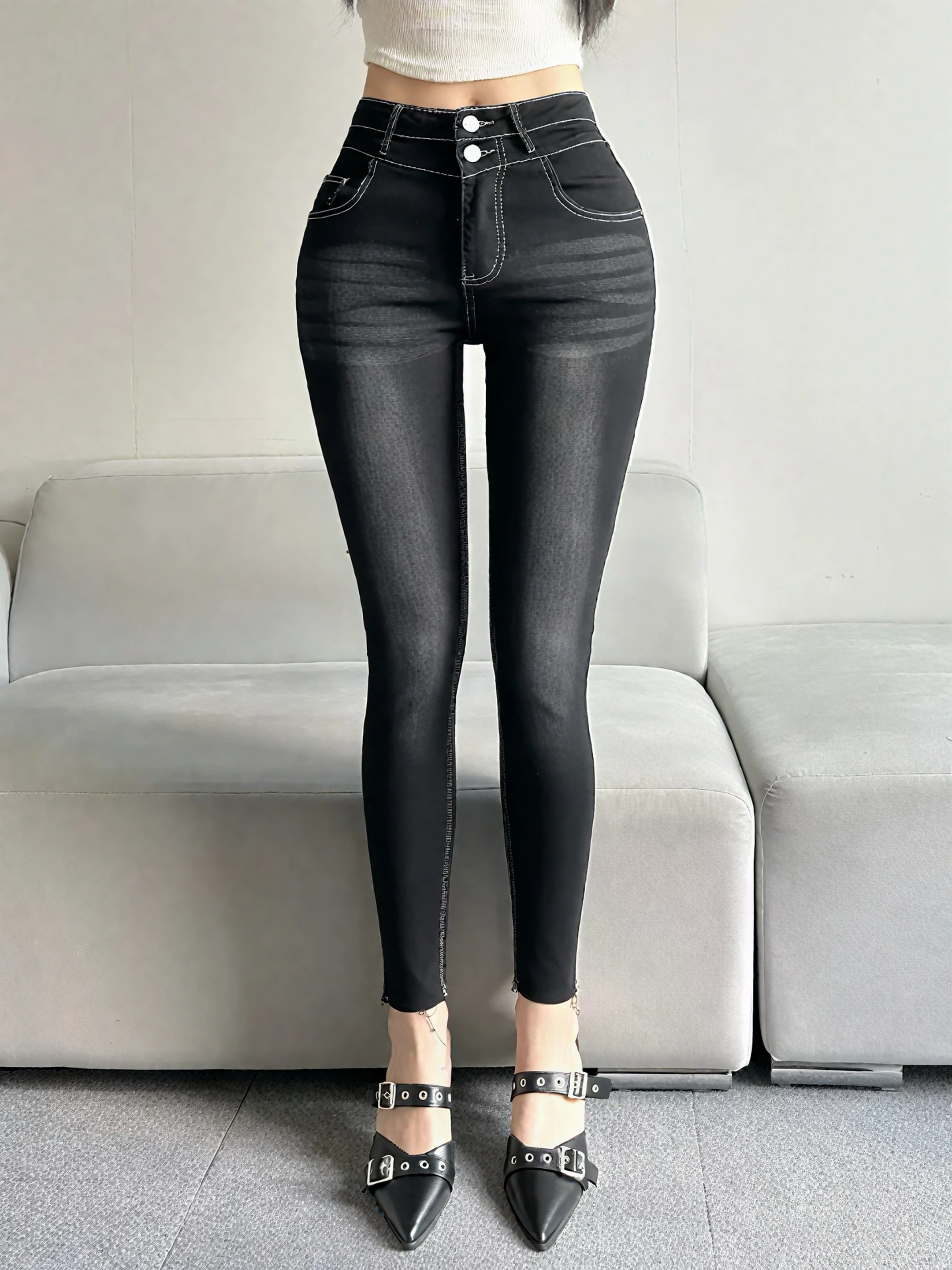 

Женские джинсы-карандаш с высокой талией, двойной синей отделкой, выцветшие, в корейском стиле, облегающие, из денима со средней эластичностью