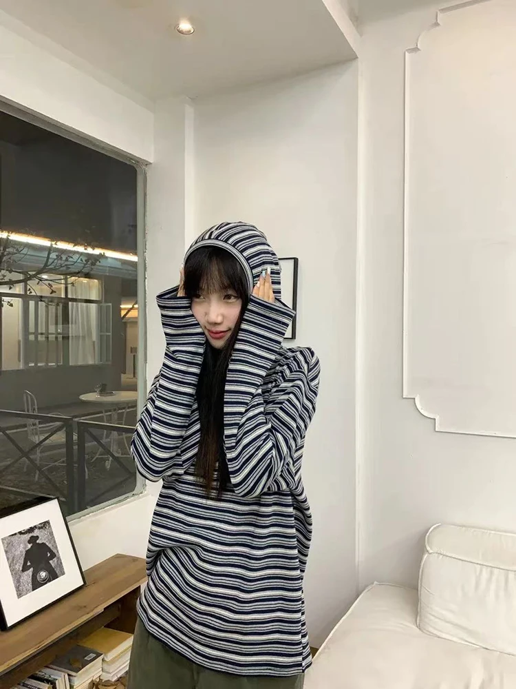 Japanese Striped Hooded T Shirt Women Y2K Winter Loose Long Sleeve Female Pullover Harajuku Preppy Warm All Match Cotton Tees