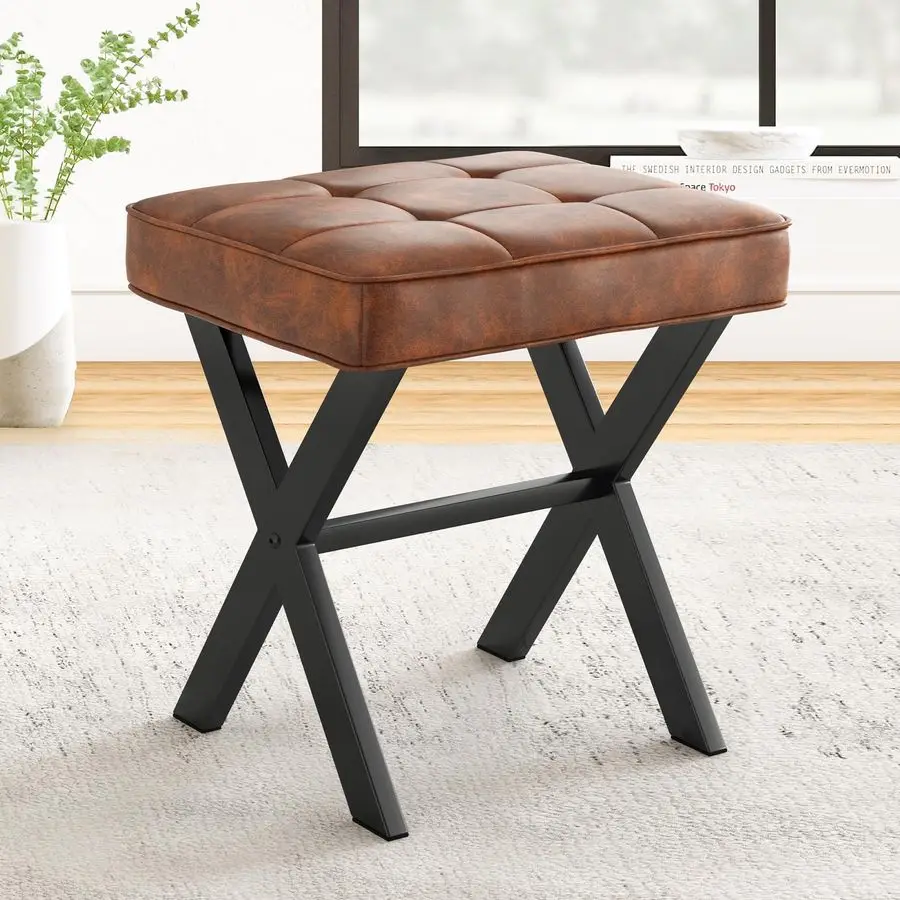 

Vanity Stool, Square Faux Leather Makeup Stool with Metal X Legs, Small Ottoman Stool Chair for Vanity, Modern Padded Vanity Se