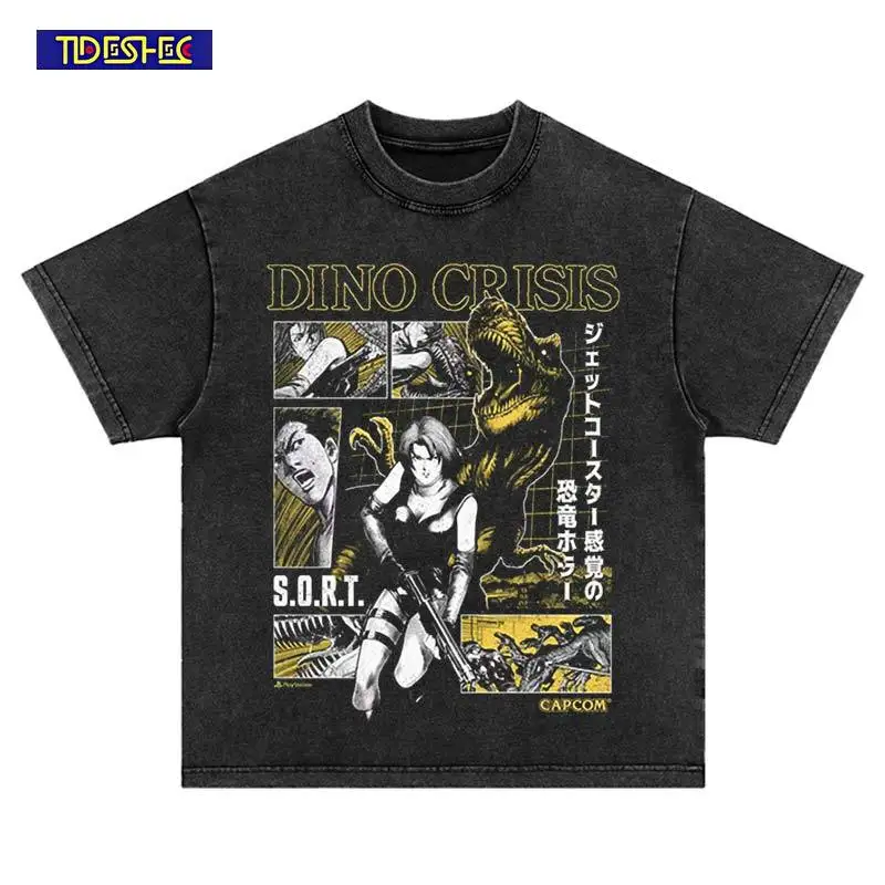Harajuku Washed Hip Hop Fashion Dinosaur Print Comic T-Shirt 2025 Summer Streetwear Vintage Oversized Leisure Cotton Tshirt Tops